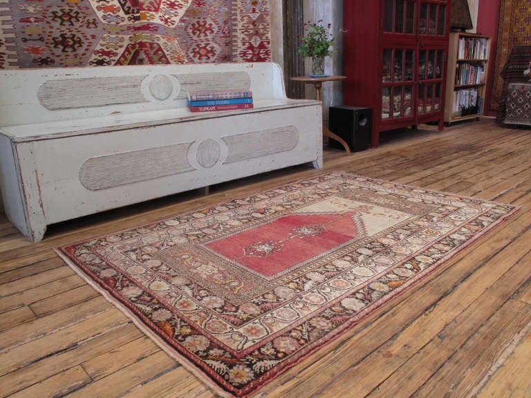 Sivas Prayer rug. This rug is a very handsome example of Anatolian village weaving tradition, featuring the ever popular prayer niche theme. Rug has excellent weaving quality, soft and lustrous wool and lovely color palette. The multiple borders of