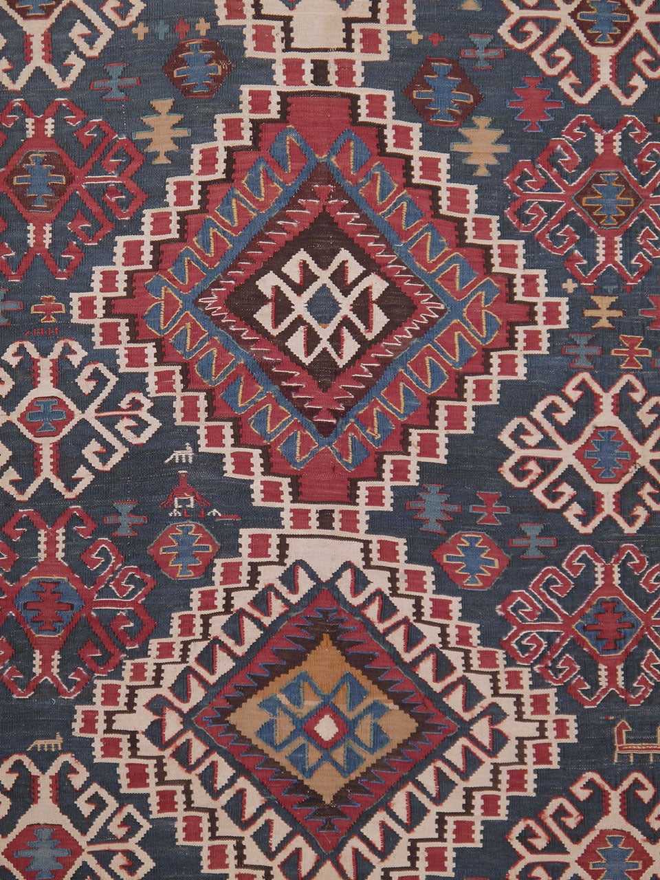 Antique Shirvan Kilim rug. A very handsome antique tribal flat-weave rug from the Caucasus. A great example of a well-known type of rug with a very pleasing color palette. Rug is well proportioned with good width, as most Kilims of this type tend to