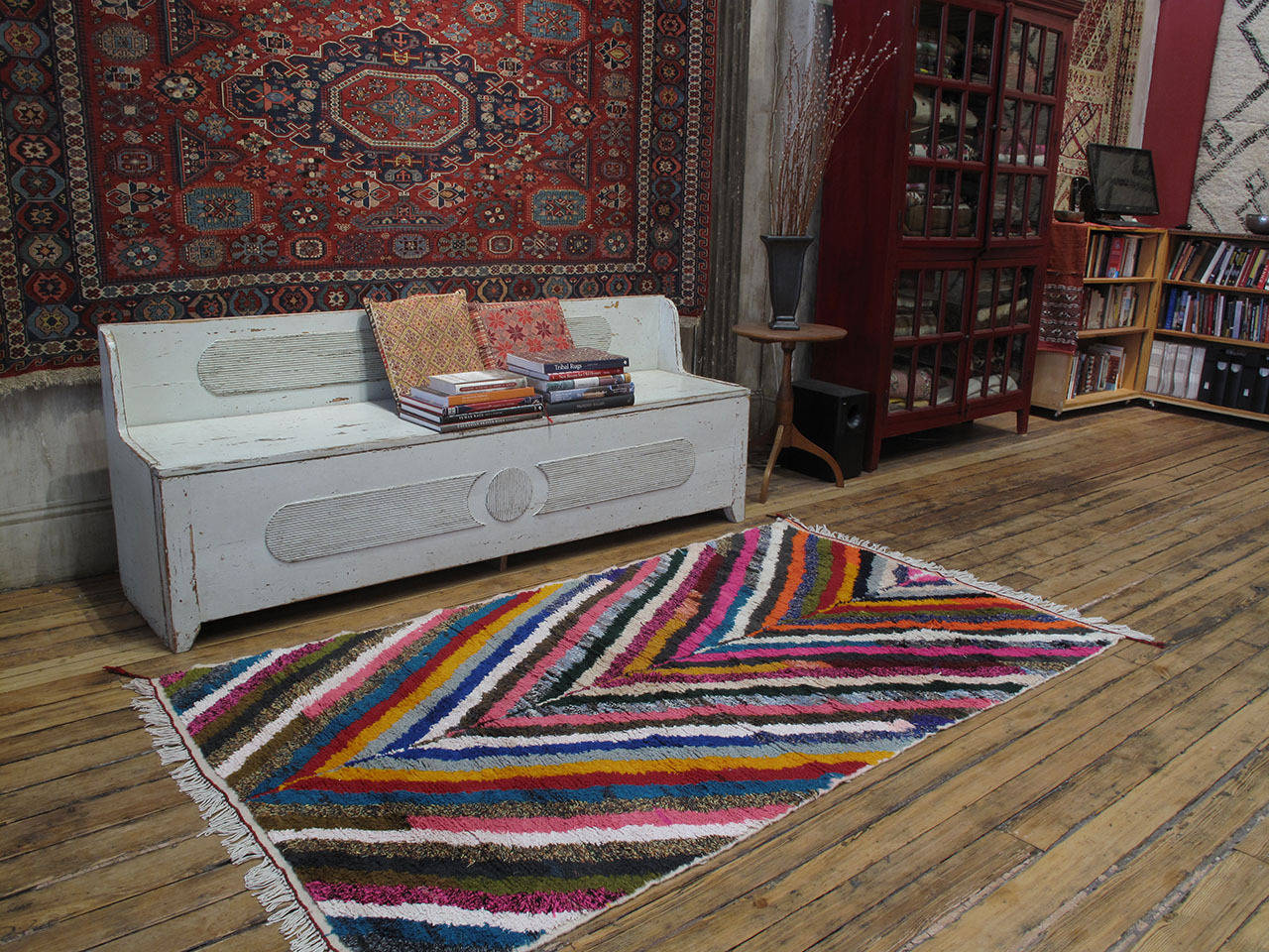 A dazzling color palette and crisply drawn design make this Moroccan rug from the high Atlas mountains stand out. Berber women still weave in this region to decorate their own homes, not just for the market, with pride and creativity that has long