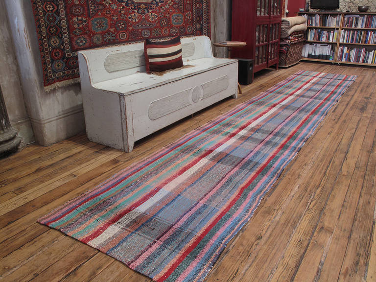 Pala Kilim runner rug. An old flat-weave runner rug from Turkey woven with an interesting and ingenious mixture of cotton rag and goat hair to create a sturdy, everyday floor cover or rug. These are usually cut in half and made into two panel rugs,