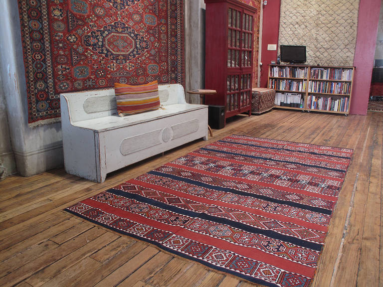 Antique Sinanli Kilim rug. A great antique flat-weave rug attributed to the Sinanli tribe in the province of Malatya in Eastern Turkey. Woven in two narrow panels, like many nomadic tribal weavings, this handsome kilim rug has an unusual design,