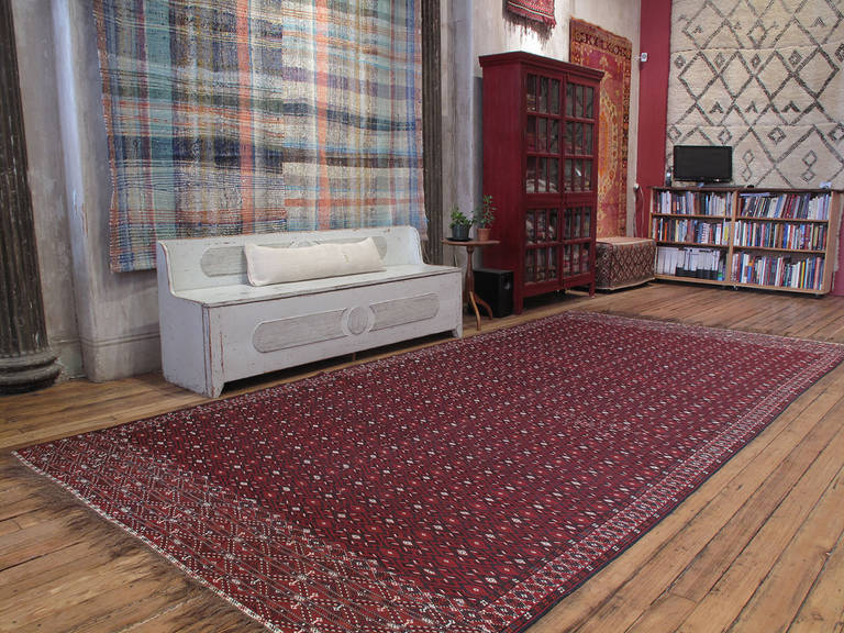 Antique Turkmen Palas rug. A great antique tribal flat-weave rug by the Yomut Turkmens of Central Asia, in brocaded flat-weave technique. A century ago, when this Kilim was woven, every Yomut girl of marriage age created a piece like this, along
