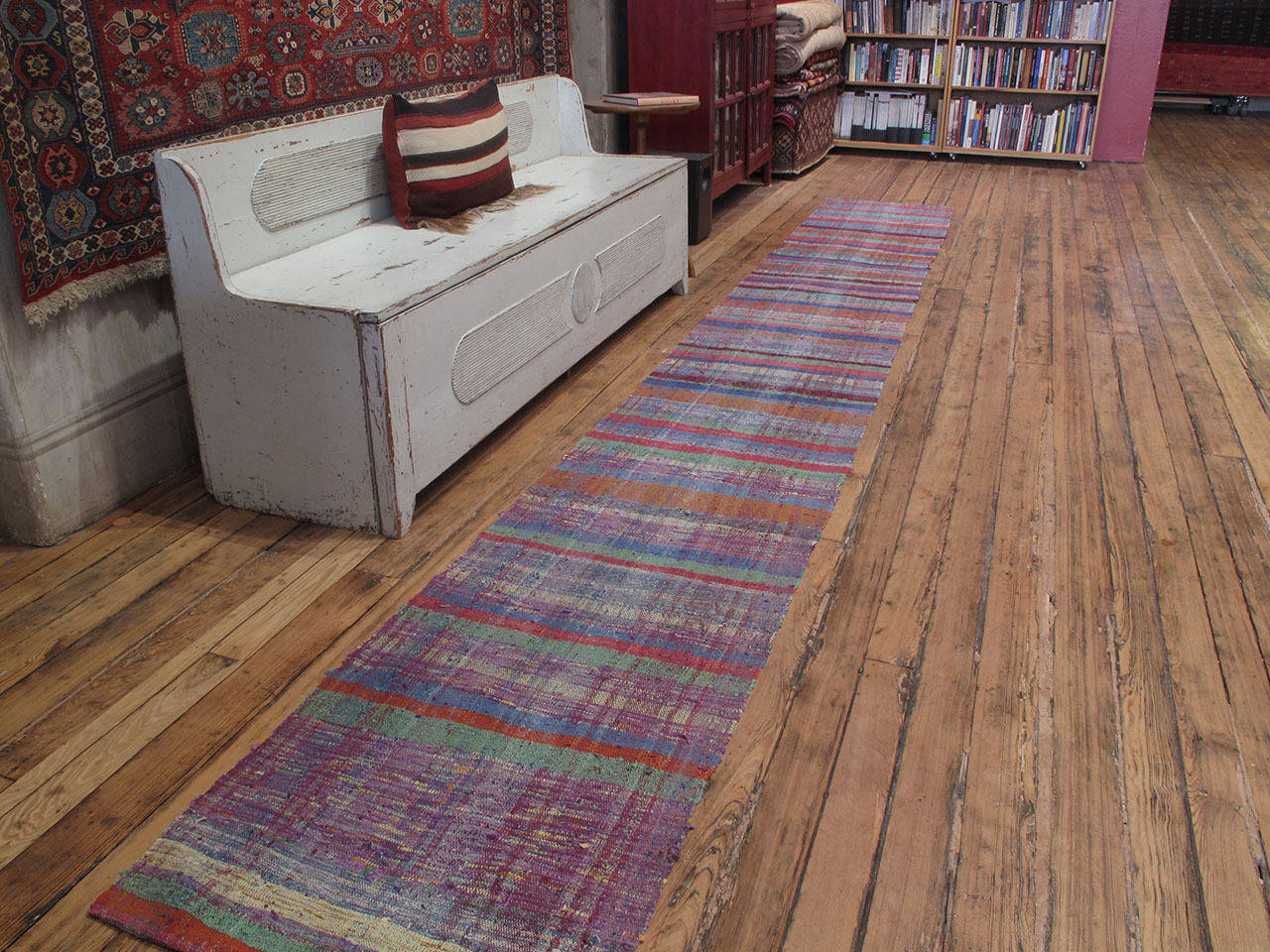 Pala Kilim runner rug. An old flat-weave runner rug from Turkey woven with an interesting and ingenious mixture of cotton rag and goat hair to create a sturdy, everyday floor cover. These are usually cut in half and made into two panel rugs - we