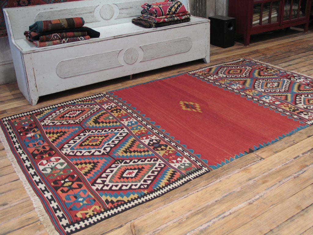 Antique Fethiye Kilim rug. A superb antique kilim rug that would have been draped over the leading camel of a nomadic caravan, to show off the skills of the family's weavers.