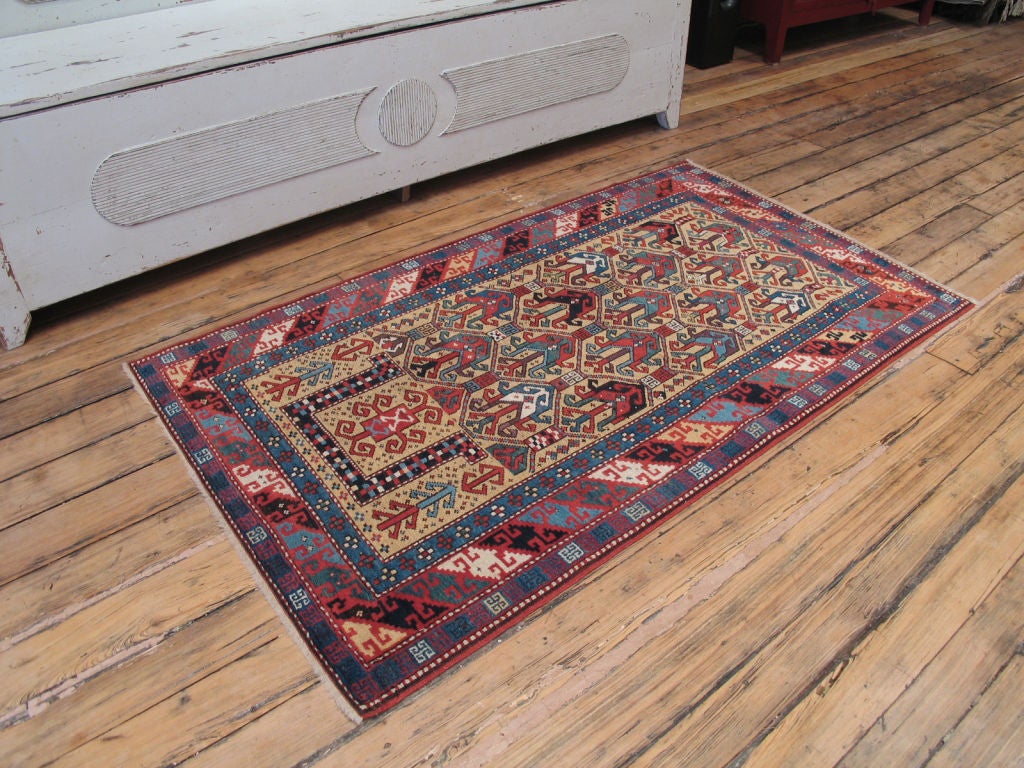 Antique Caucasian Prayer rug. A top flight, collectible prayer rug. Rug looks Eastern Caucasian at first sight but it could well be a Kazak or Gendje with finer weave. Rare yellow ground, in fact, the whole color palette of the rug is fantastic -