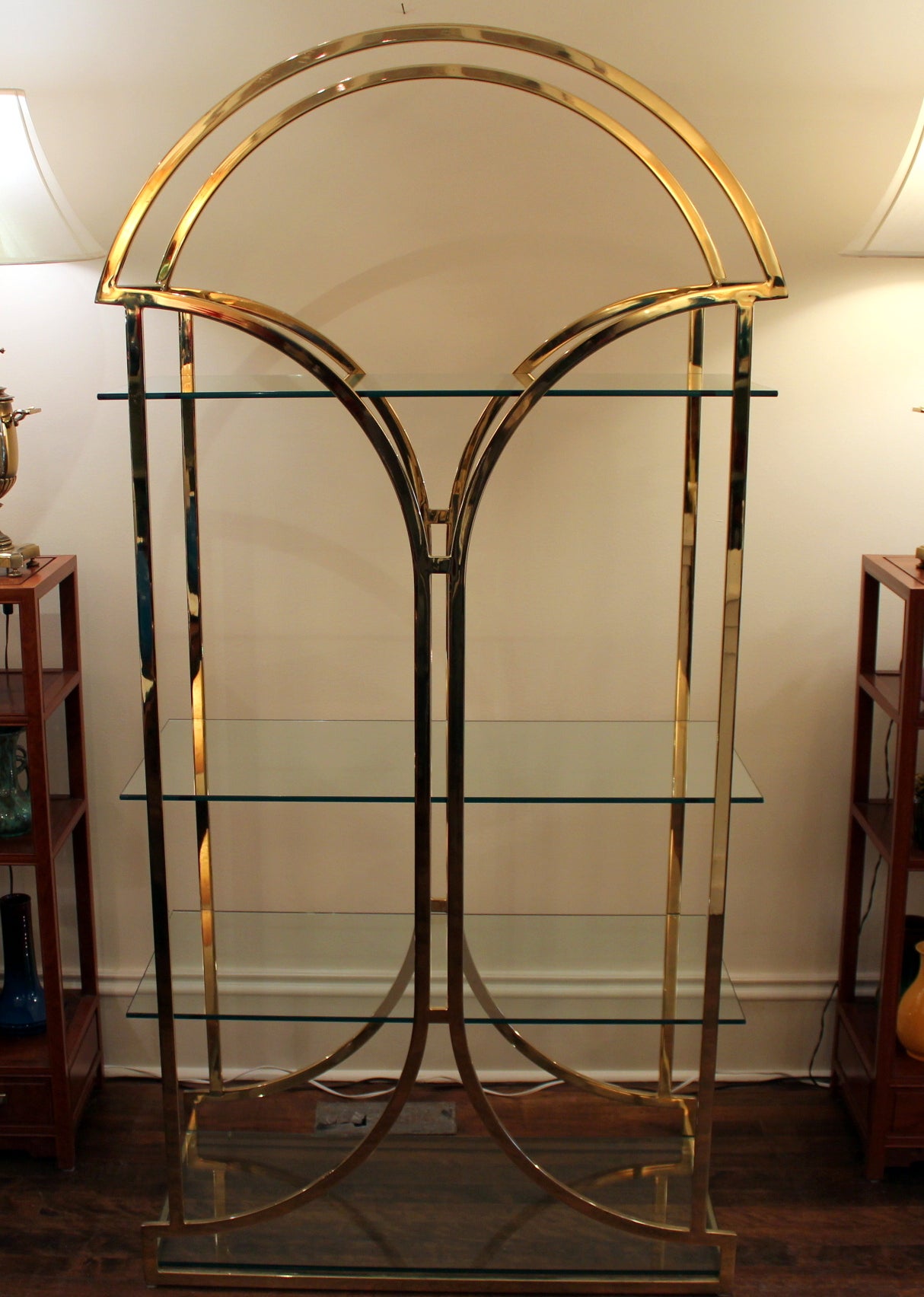 Vintage Mid Century Brass Chrome Glass Shelf Etagere Display Milo Baughman For Sale