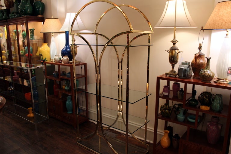 American Vintage Mid Century Brass Chrome Glass Shelf Etagere Display Milo Baughman For Sale