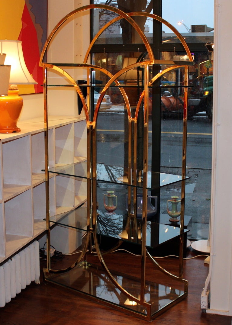 Vintage Mid Century Brass Chrome Glass Shelf Etagere Display Milo Baughman For Sale 1