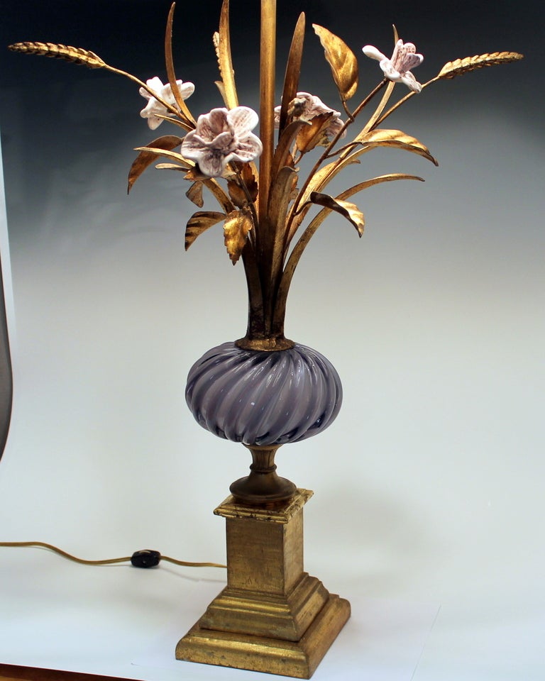 Hollywood Regency Gilt Tole and Murano Glass Lamp