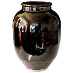 Ancien vase de rangement Shigaraki noir en forme de miroir, vase Ikebana