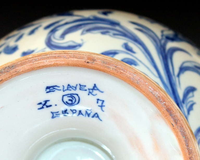 Art Nouveau Pair Antique Spanish Talavera Blue & White Faience Majolica Pottery Vases
