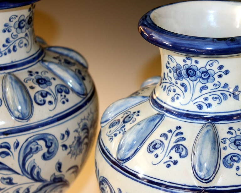 Pair Antique Spanish Talavera Blue & White Faience Majolica Pottery Vases 1