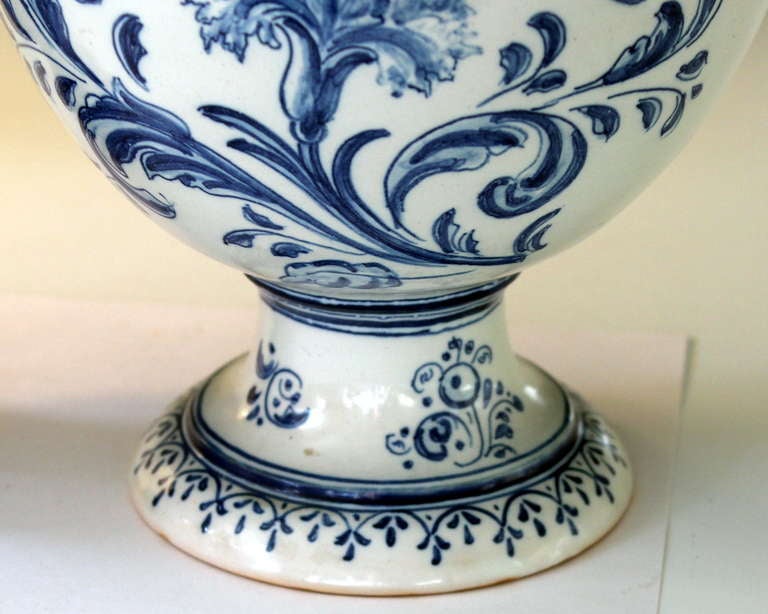 20th Century Pair Antique Spanish Talavera Blue & White Faience Majolica Pottery Vases
