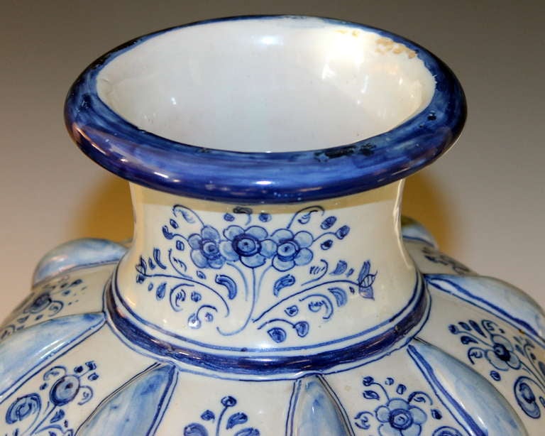 Pair Antique Spanish Talavera Blue & White Faience Majolica Pottery Vases In Excellent Condition In Wilton, CT