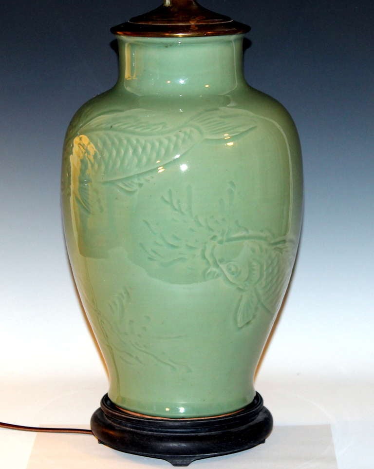 20th Century Antique Japanese Studio Celadon Porcelain Lamp