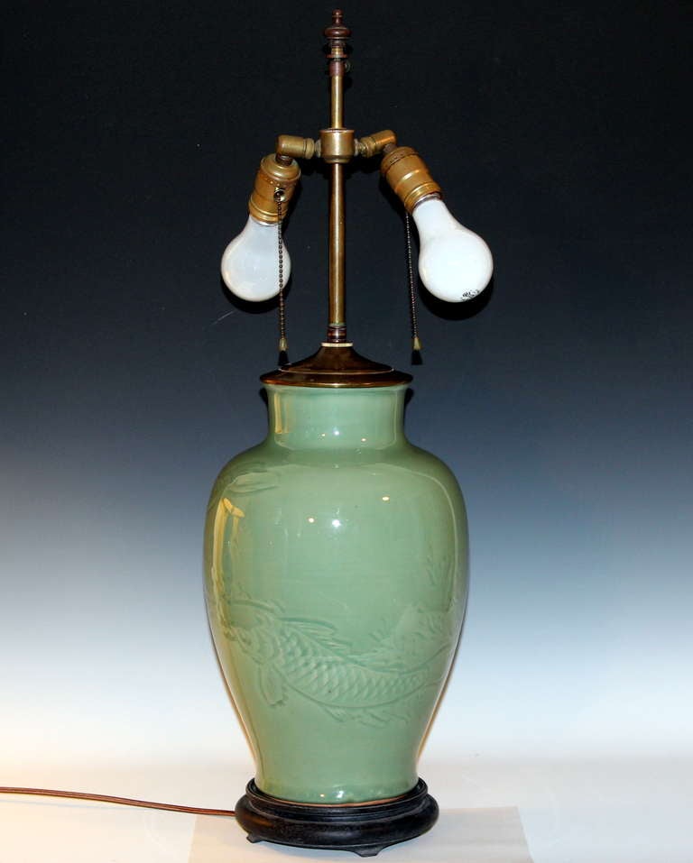 Arts and Crafts Antique Japanese Studio Celadon Porcelain Lamp