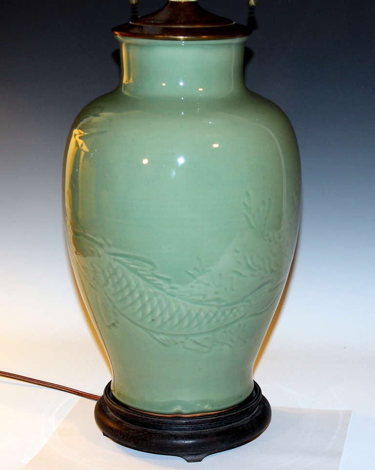 Antique Japanese Studio Celadon Porcelain Lamp In Excellent Condition In Wilton, CT