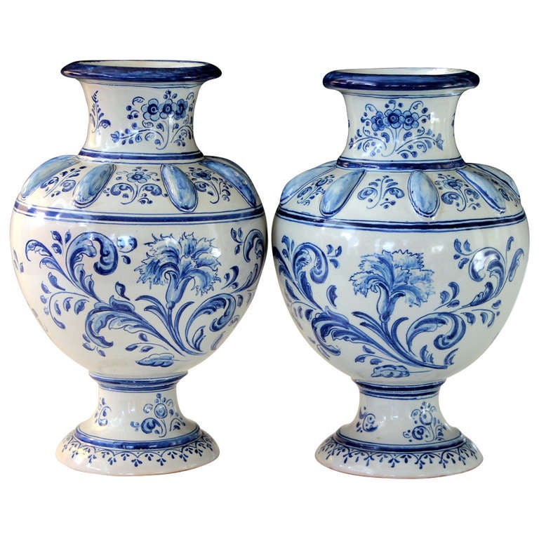 Pair Antique Spanish Talavera Blue and White Faience Majolica Pottery