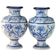Pair Antique Spanish Talavera Blue & White Faience Majolica Pottery Vases