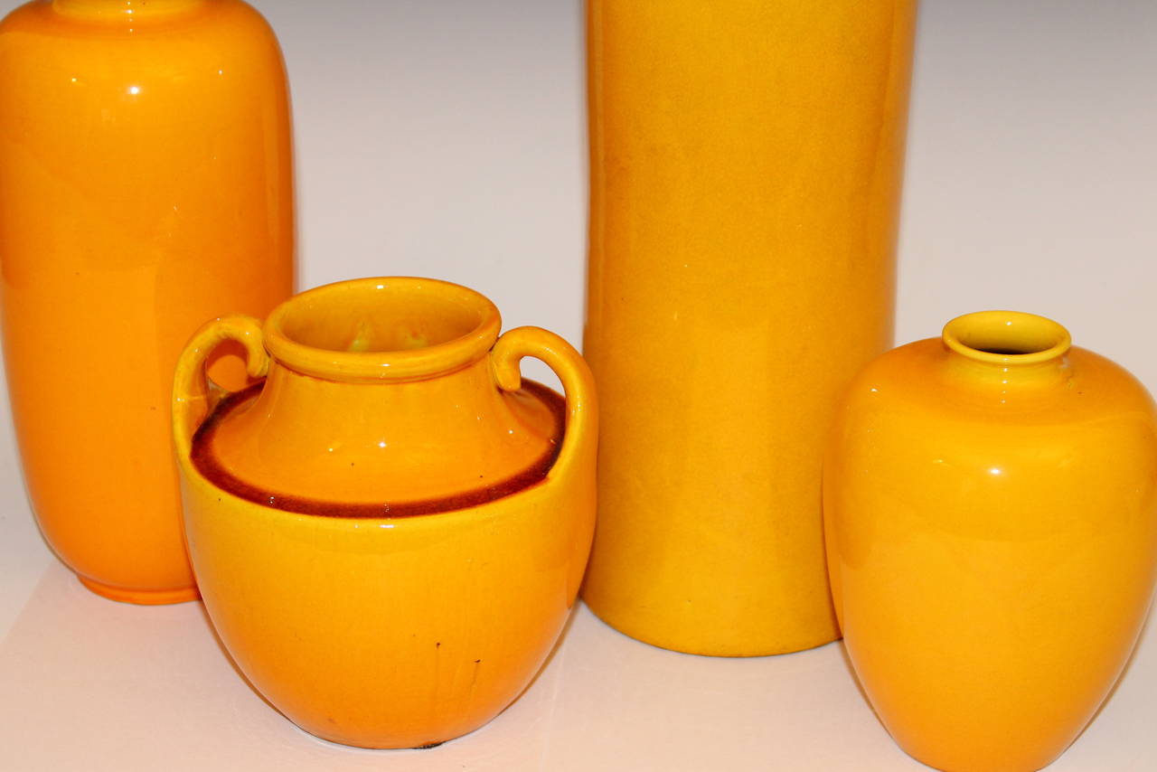 Japanese Vintage Awaji Pottery Vases in Translucent Golden Yellow Glaze