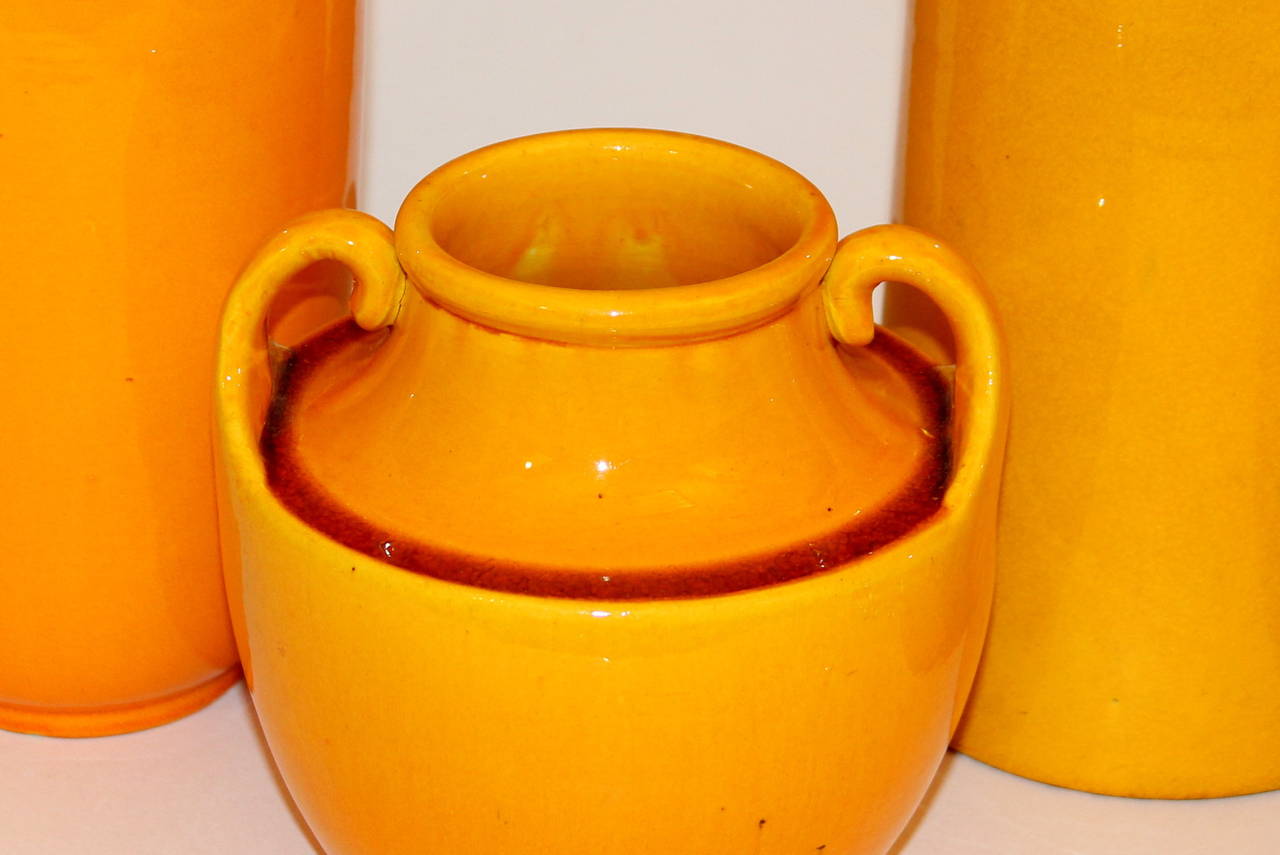 Turned Vintage Awaji Pottery Vases in Translucent Golden Yellow Glaze