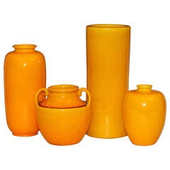 Antique Awaji Pottery Vases in Translucent Golden Yellow Glaze