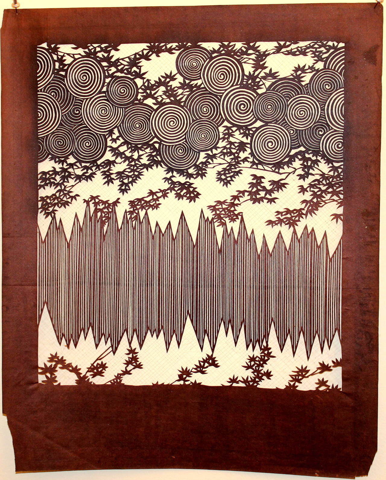 Antique Japanese katagami stencil for dyeing kimono fabric. Great design, beautifully rendered. Hand cut from mulberry paper. Reinforced with cross weave of fine silk thread (as seen in detail pics). Edo period, early 19th century. 21 1/2