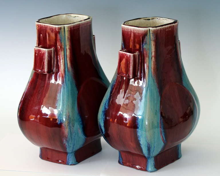 Georgian Pair Antique Chinese Porcelain Fanghu Flambe Vases