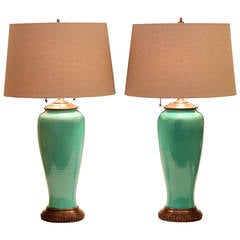 Pair of Vintage Rookwood Art Pottery Green Celadon Crackle Glaze Lamps