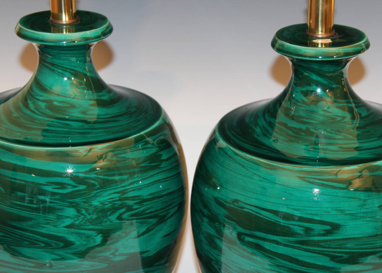Pair of Vintage Bitossi Art Pottery Green Marbleized Raymor Lamps For Sale 1