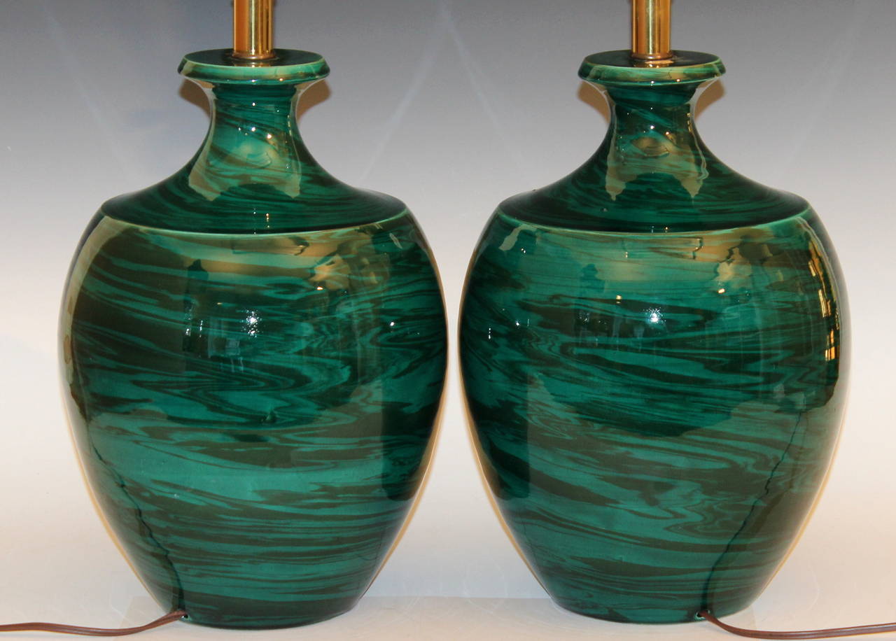 Italian Pair of Vintage Bitossi Art Pottery Green Marbleized Raymor Lamps For Sale