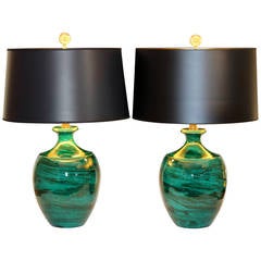Pair of Vintage Bitossi Art Pottery Green Marbleized Raymor Lamps