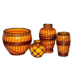 Yellow Art & Crafts Awaji Pottery with Bamboo Weaving