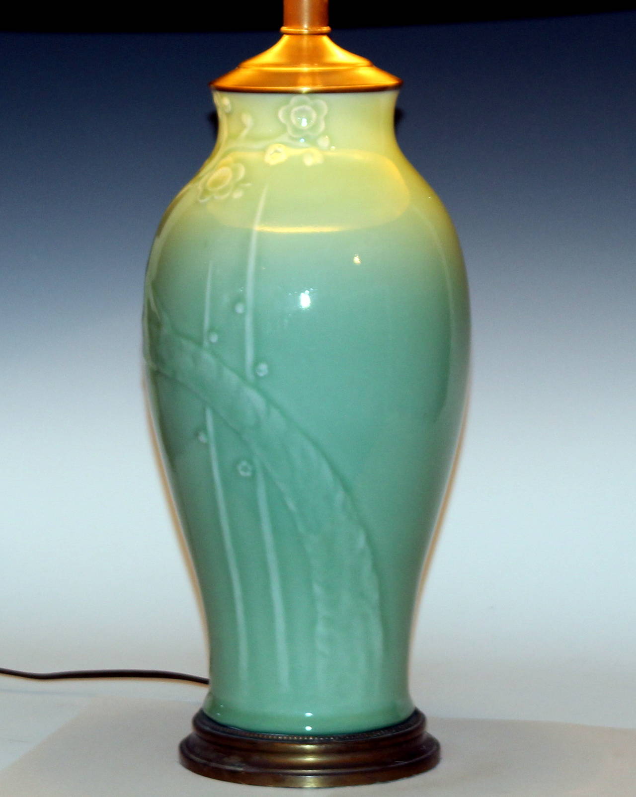 Vintage Japanese Carved Studio Porcelain Celadon Lamp In Excellent Condition In Wilton, CT