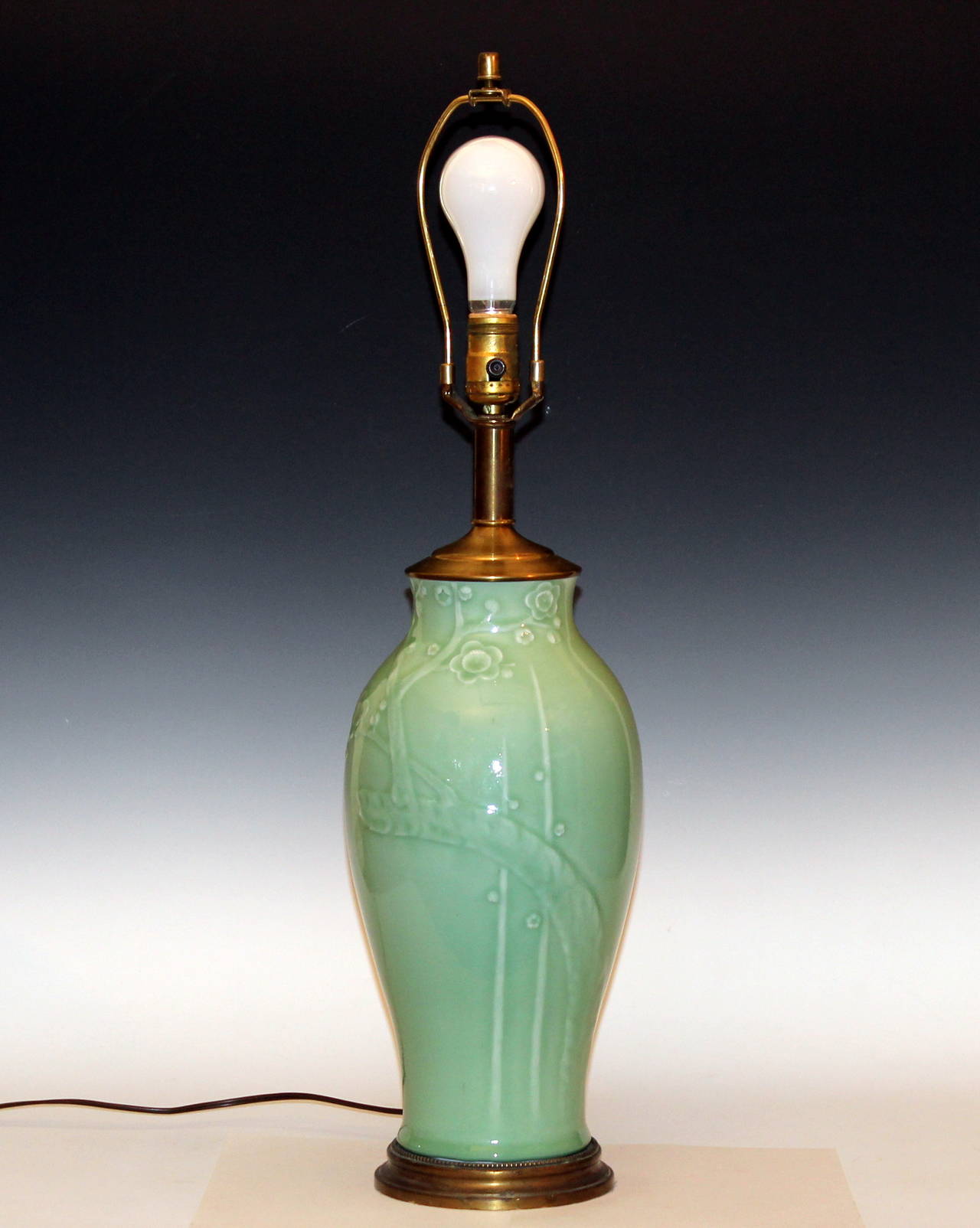 Meiji Vintage Japanese Carved Studio Porcelain Celadon Lamp