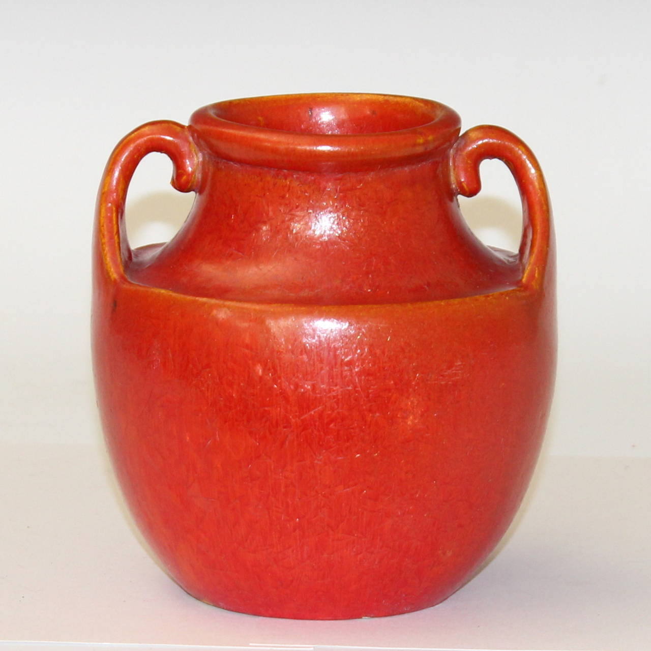 Vintage Awaji Pottery vase in chromium orange/red crystalline glaze, circa 1930.
Measures: 6