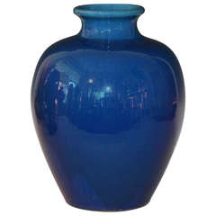Large Antique Kyoto Pottery Blue Monochrome Vase 4