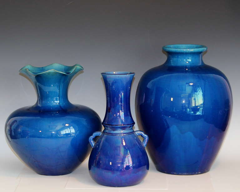 20th Century Large Antique Kyoto Pottery Blue Monochrome Vase