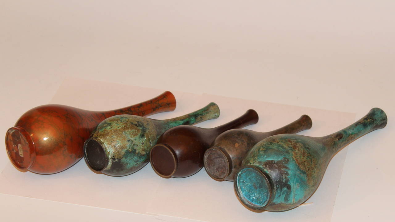 Collection Vintage Japanese Patinated Bronze Long Neck Bottle Vases In Excellent Condition In Wilton, CT