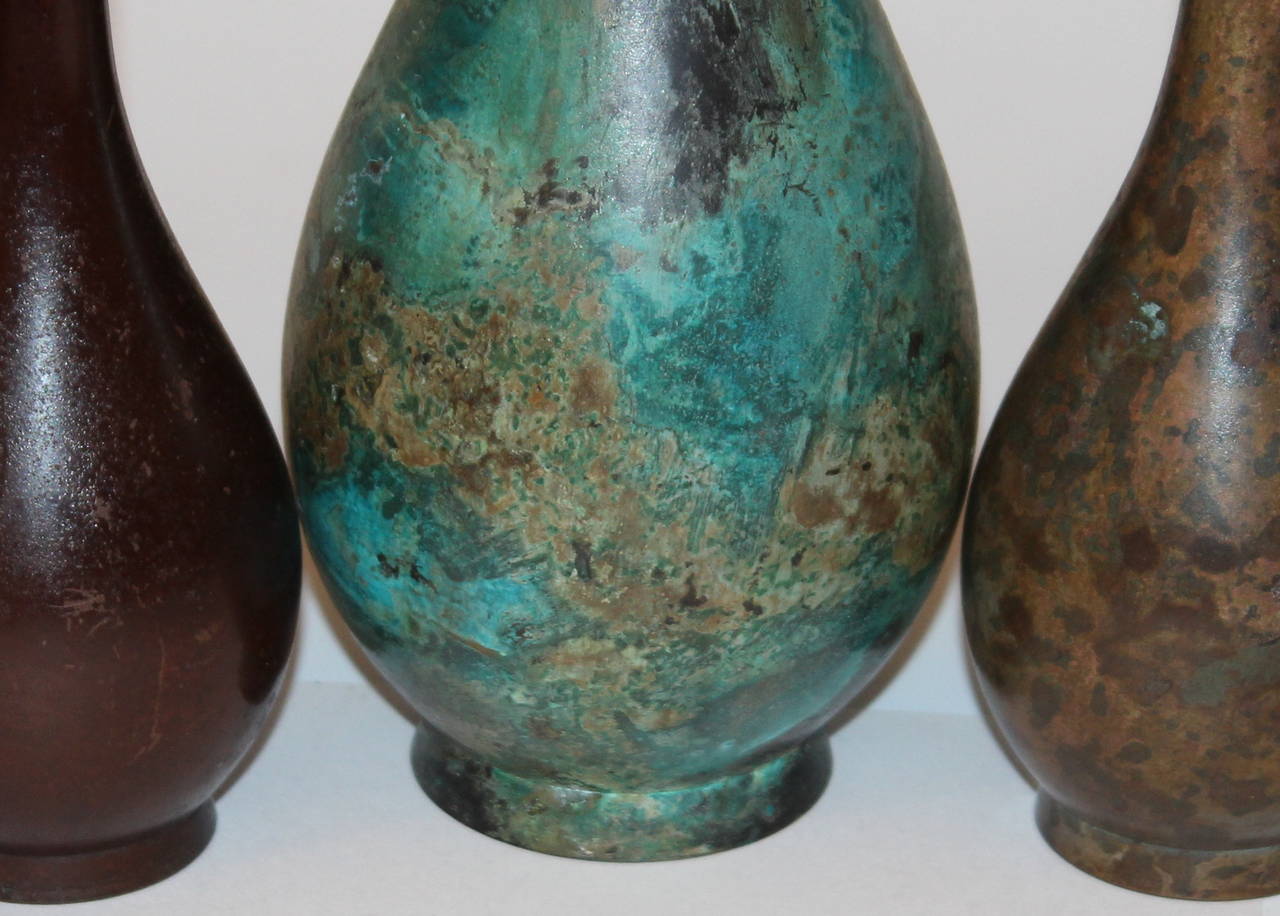Collection Vintage Japanese Patinated Bronze Long Neck Bottle Vases 1