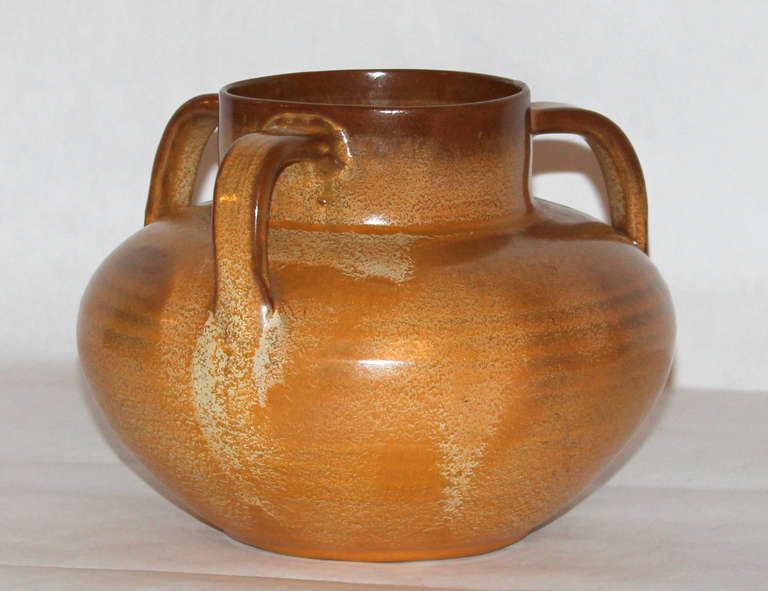 Vintage hand thrown Bybee Pottery vase, circa 1930's, with three applied handles and great 