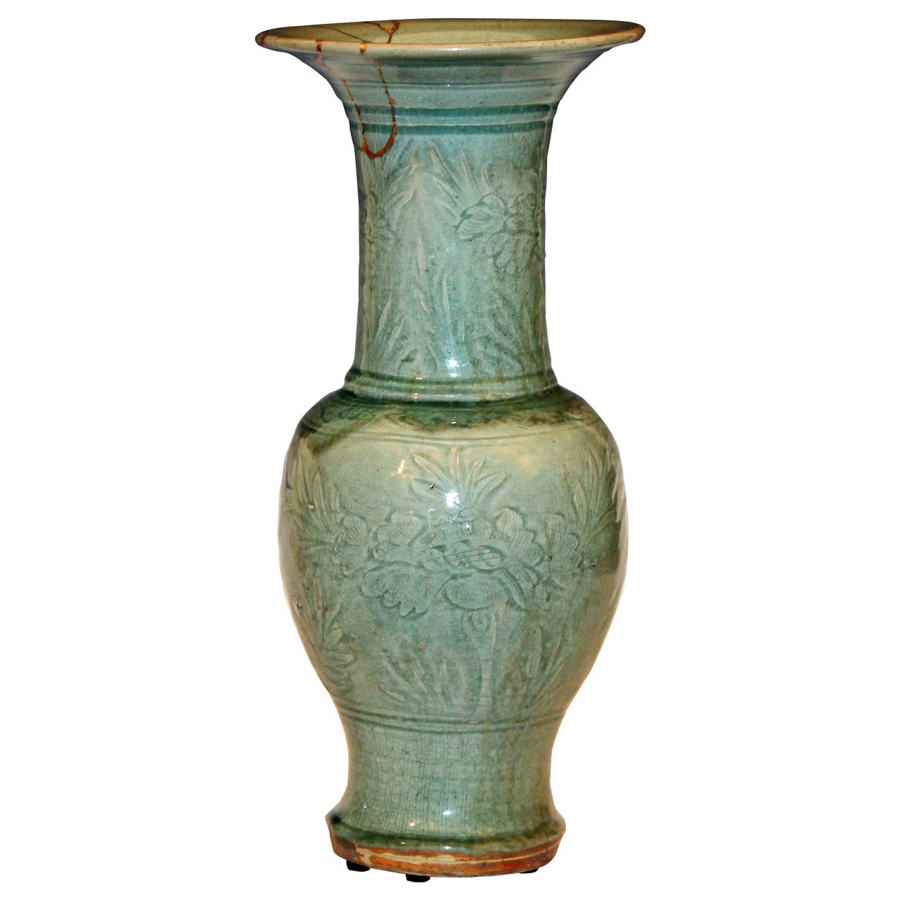 Antique Ming Chinese Carved Celadon Porcelain Yen Yen Vase