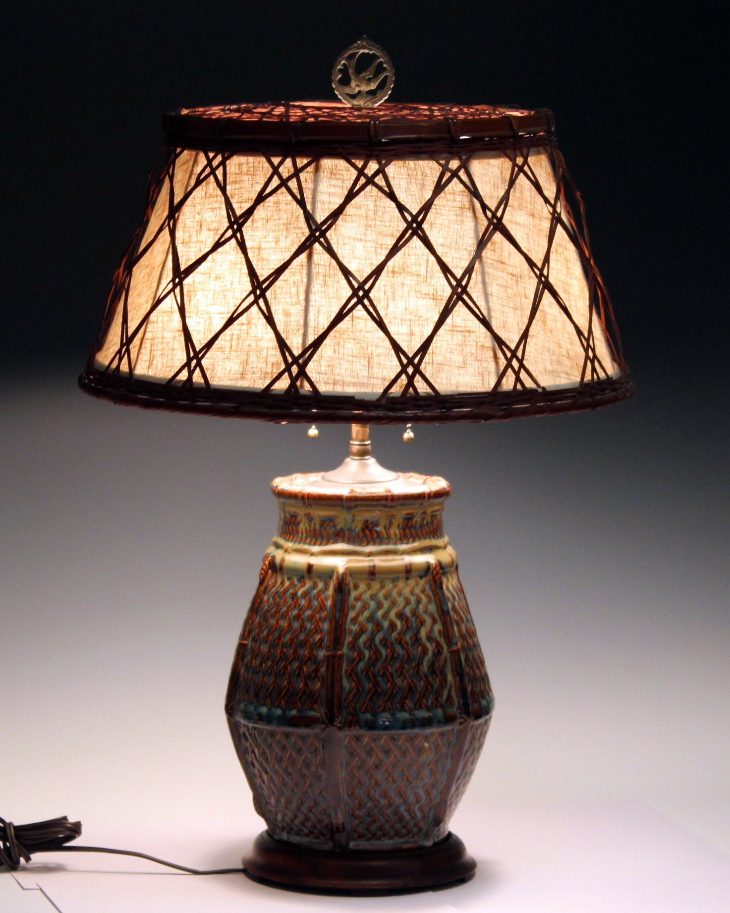 Antique Japanese Art Pottery Lamp with Period Woven Bamboo Shade