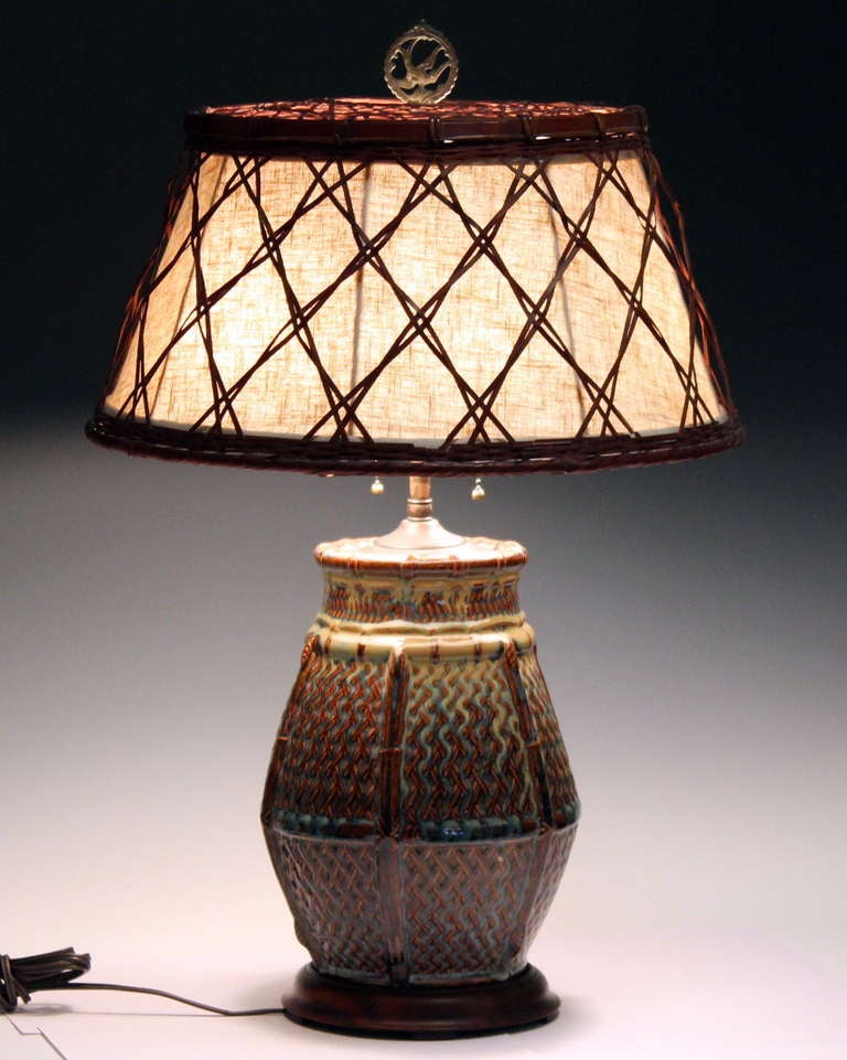 Antique Japanese Art Pottery Lamp with Period Woven Bamboo Shade 5