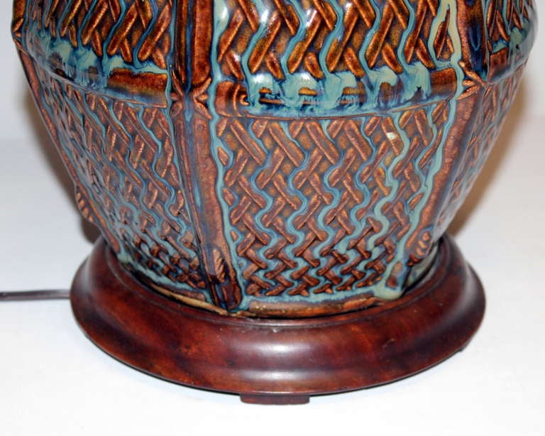 20th Century Antique Japanese Art Pottery Lamp with Period Woven Bamboo Shade