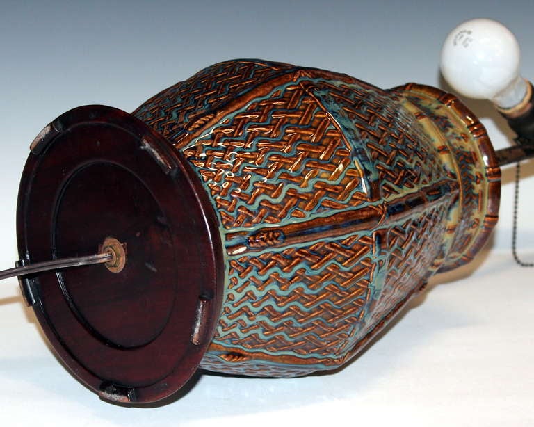 Antique Japanese Art Pottery Lamp with Period Woven Bamboo Shade In Excellent Condition In Wilton, CT