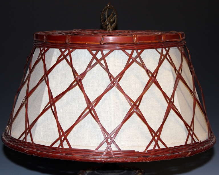 Antique Japanese Art Pottery Lamp with Period Woven Bamboo Shade 3