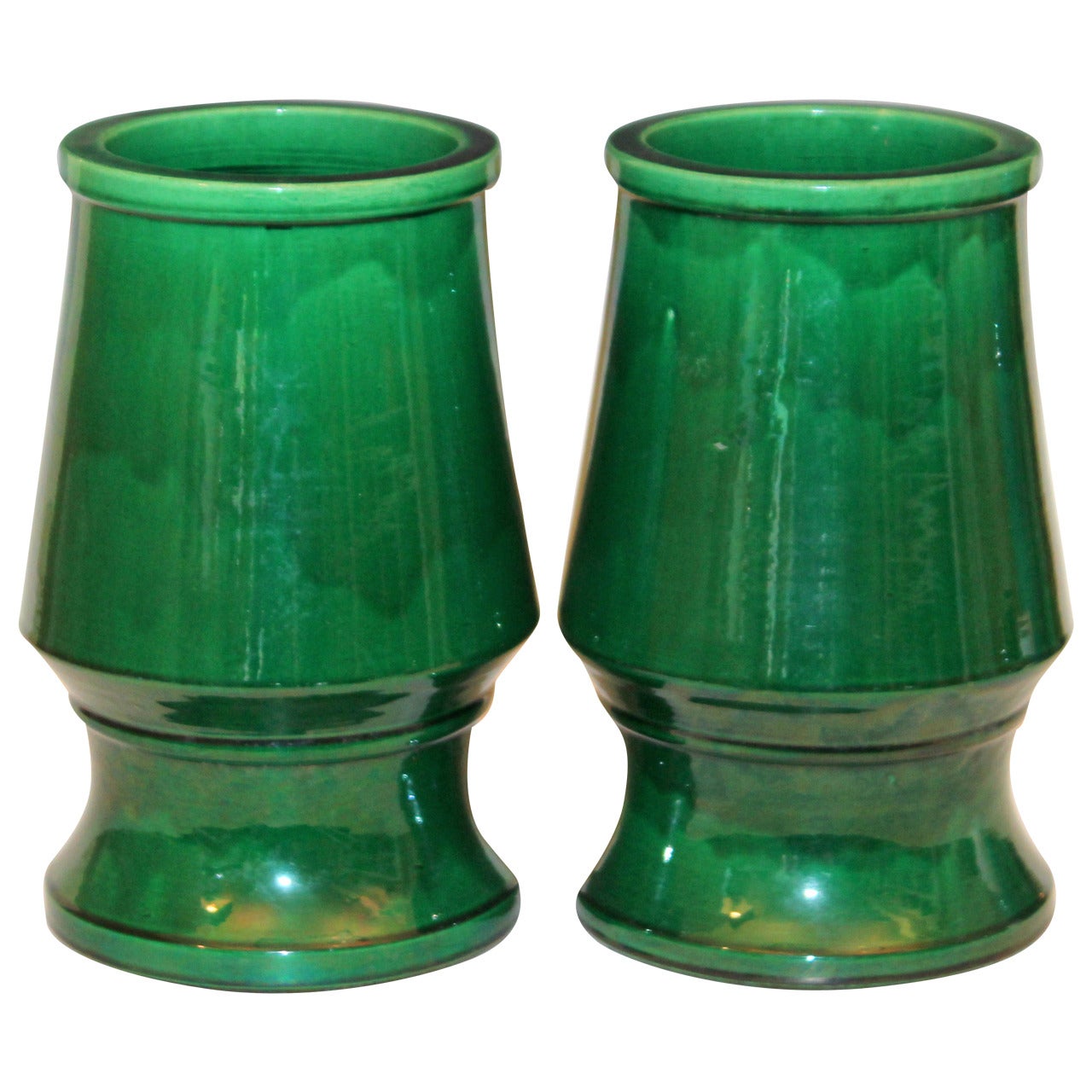 Large Pair of Awaji Pottery Tapered, Art Deco Green Vases