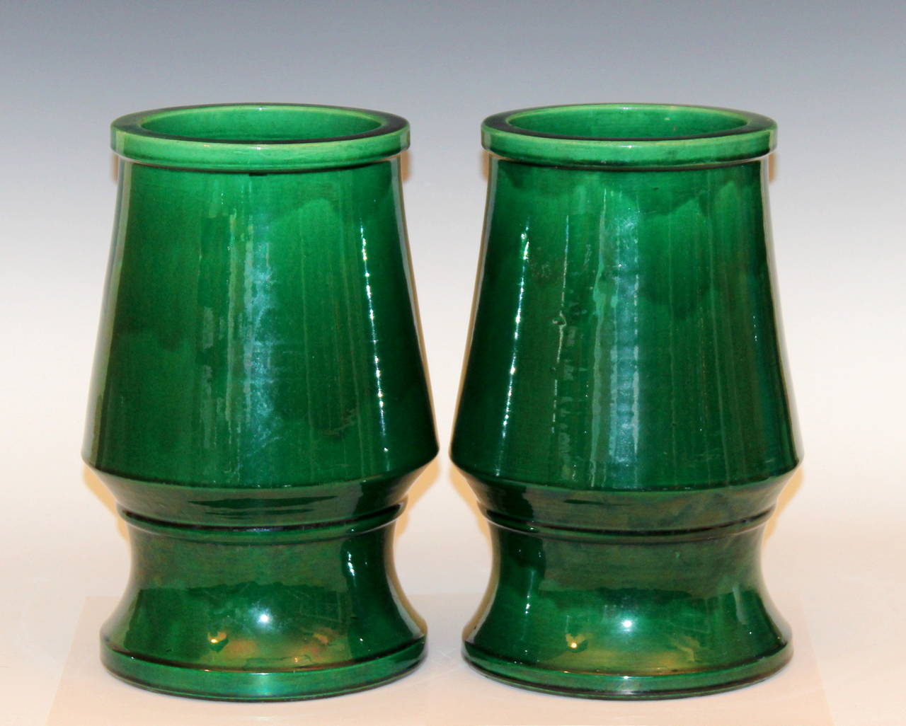Large pair Awaji vases in interesting art deco tapered form with translucent green glaze, circa 1920's. 12