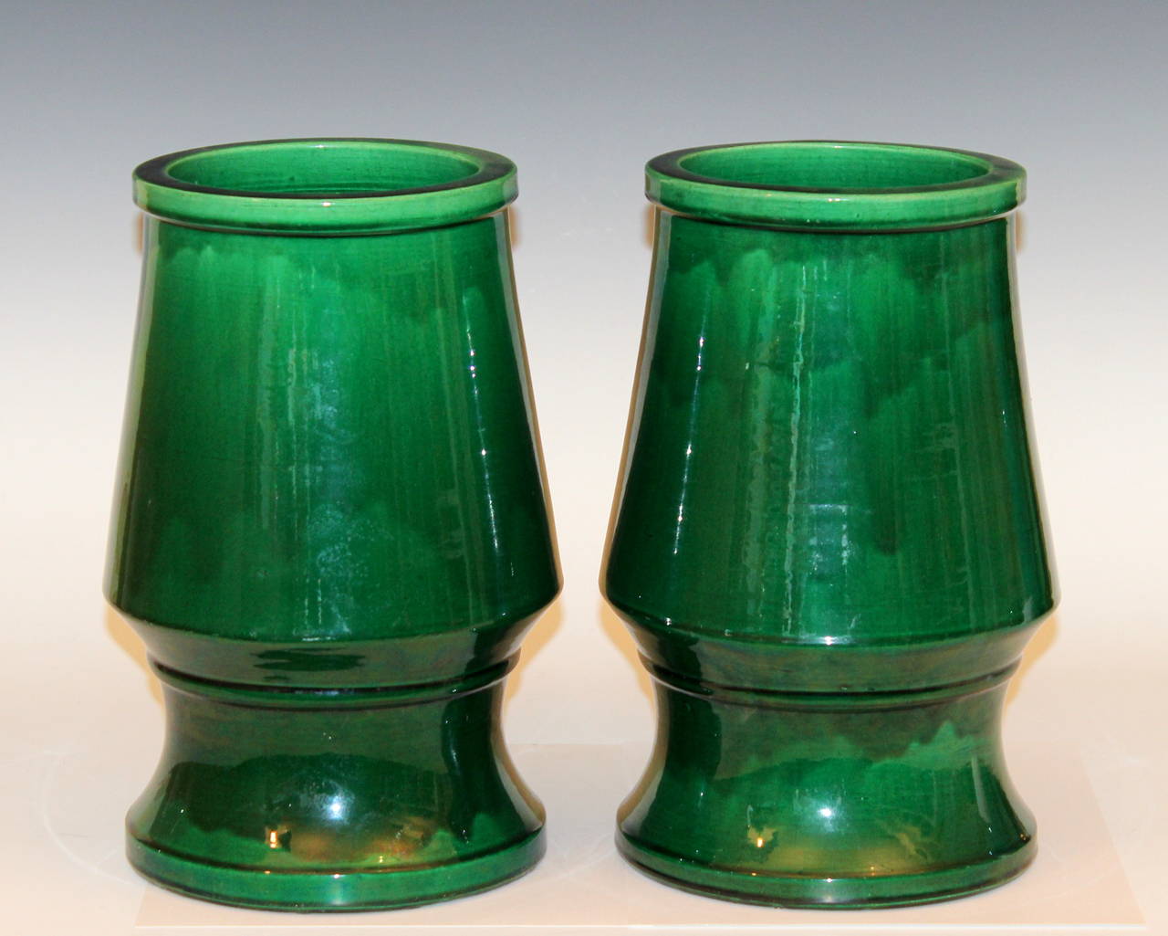 Japanese Large Pair of Awaji Pottery Tapered, Art Deco Green Vases